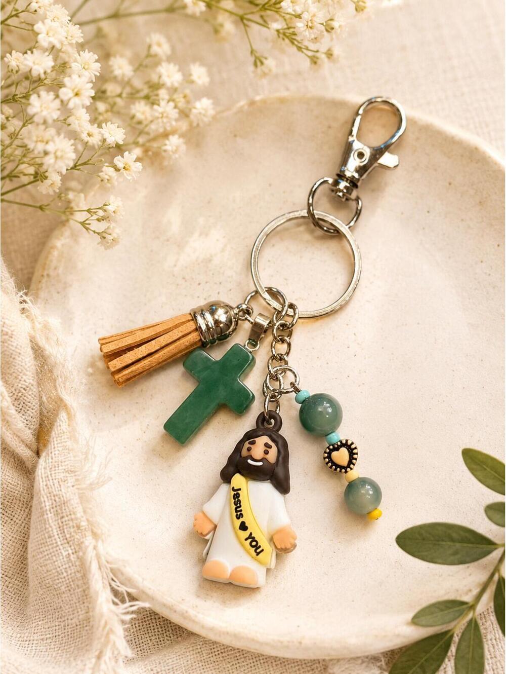 487 New Handcrafted Jesus Cross Tassel Beaded Keychain Bag Charm Green R0000487